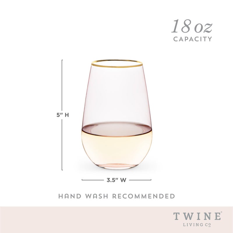 Twine Rose Crystal Stemless Wine Glasses Set, Pink Tinted with Gold Rim, Elegant Drinking Glasses for Red and White Wines, Wedding Gifts, Housewarming, Decorative Glassware, Home Bar,18 oz, Set of 2 - Image 3